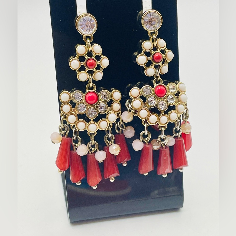 Elegant Gold Tone Red and Pink Beaded Chandelier Earrings